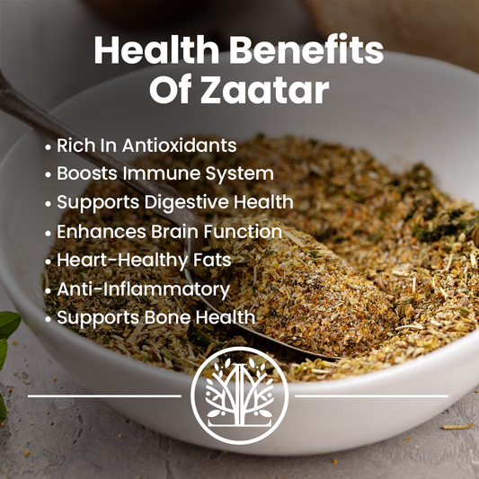 Health benefits of zaatar listed with a bowl of zaatar spice.
