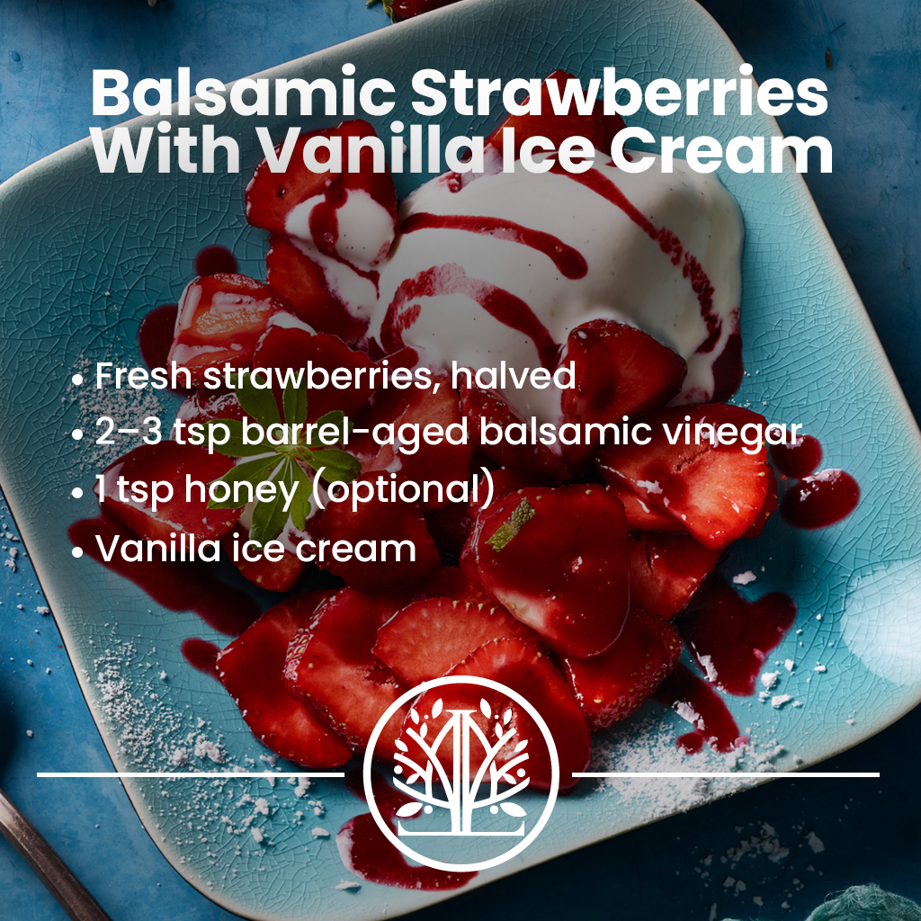 Strawberries with vanilla ice cream and balsamic drizzle