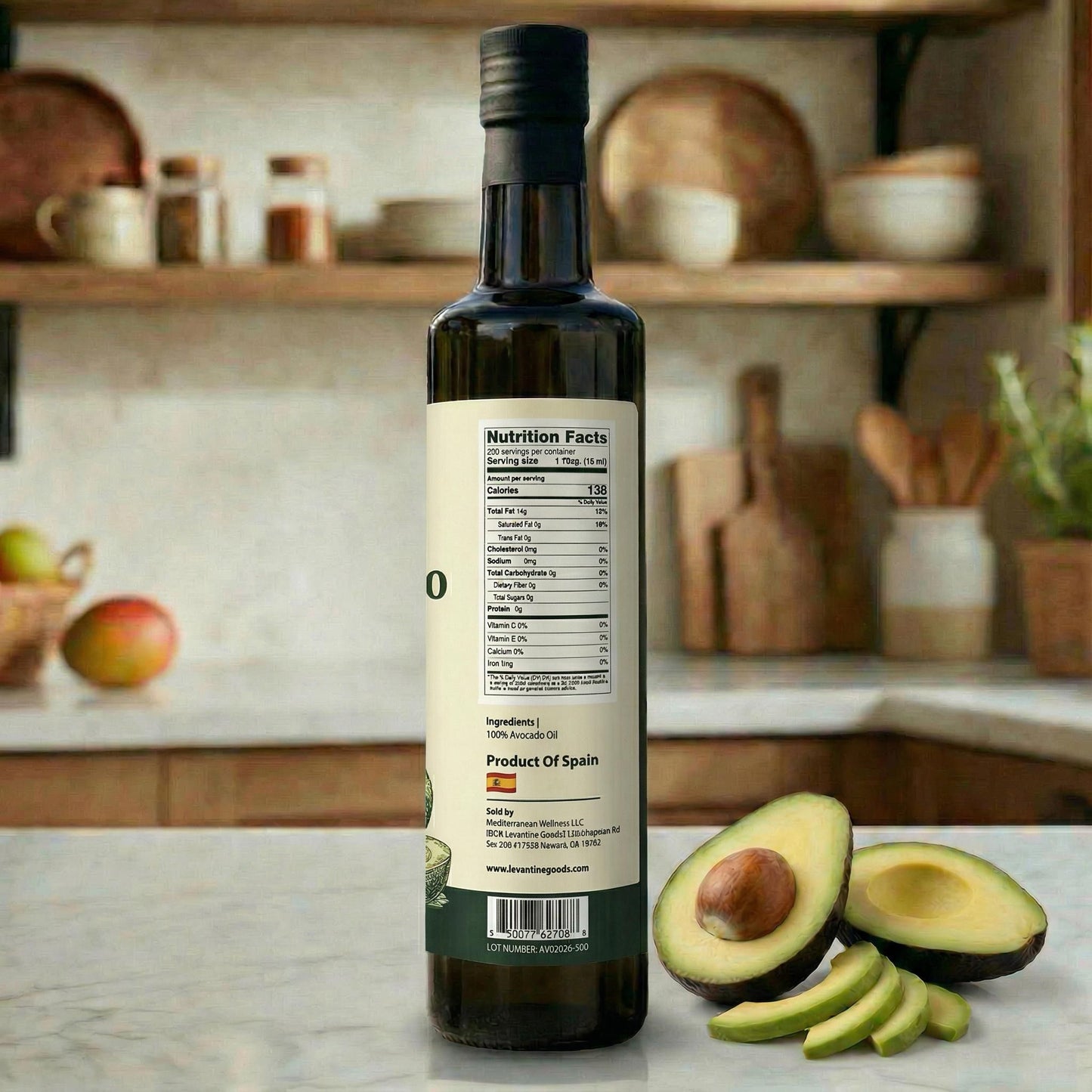 Bottle of olive oil with a kitchen background