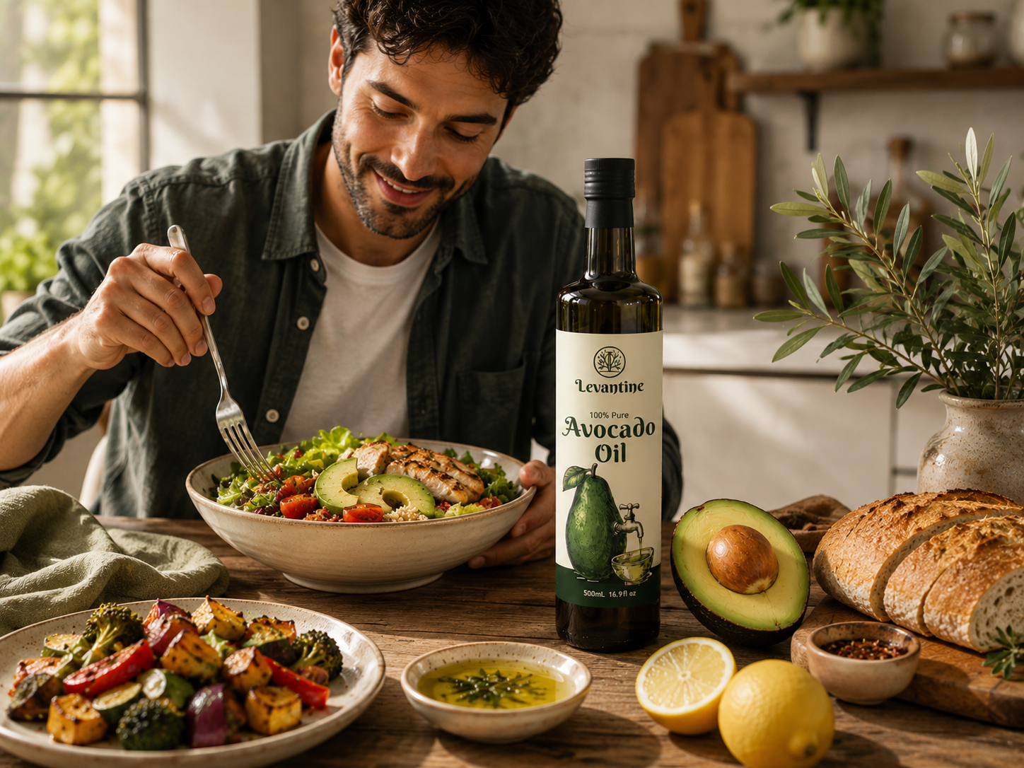 Man enjoying a healthy meal with Levantine avocado oil in a Mediterranean kitchen