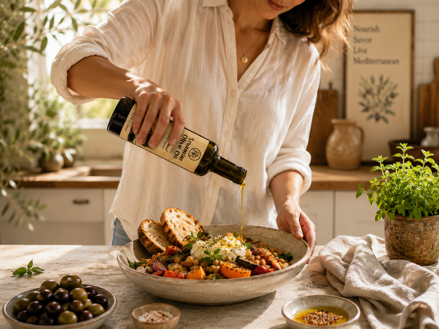 Levantine extra virgin olive oil used in everyday Mediterranean cooking