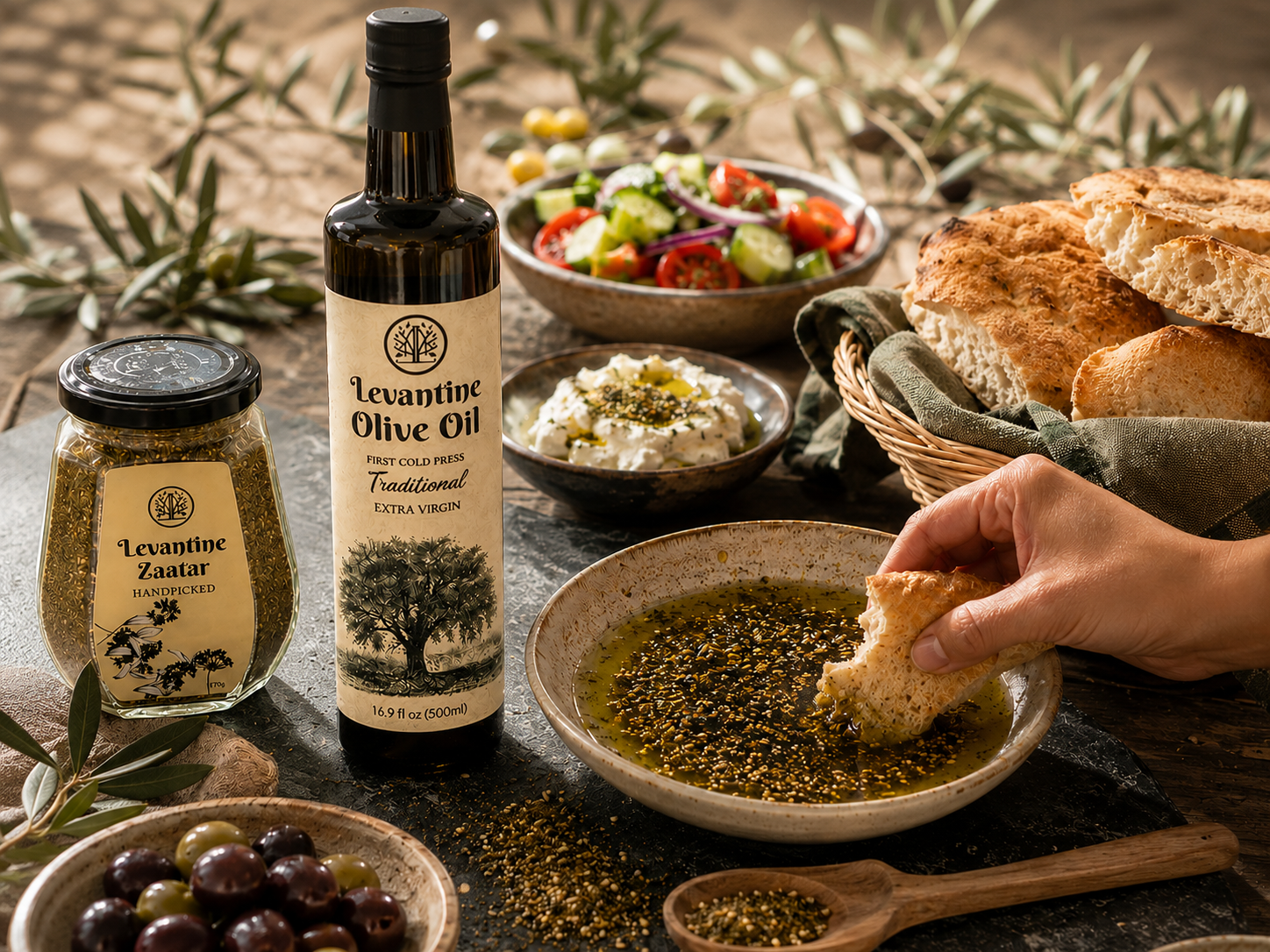 Levantine olive oil and zaatar served with fresh bread and Mediterranean appetizers