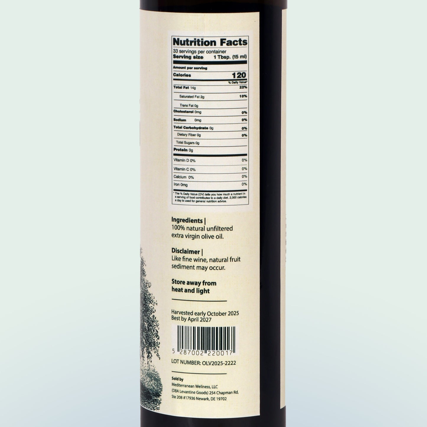 Bottle of olive oil with a nutrition facts label