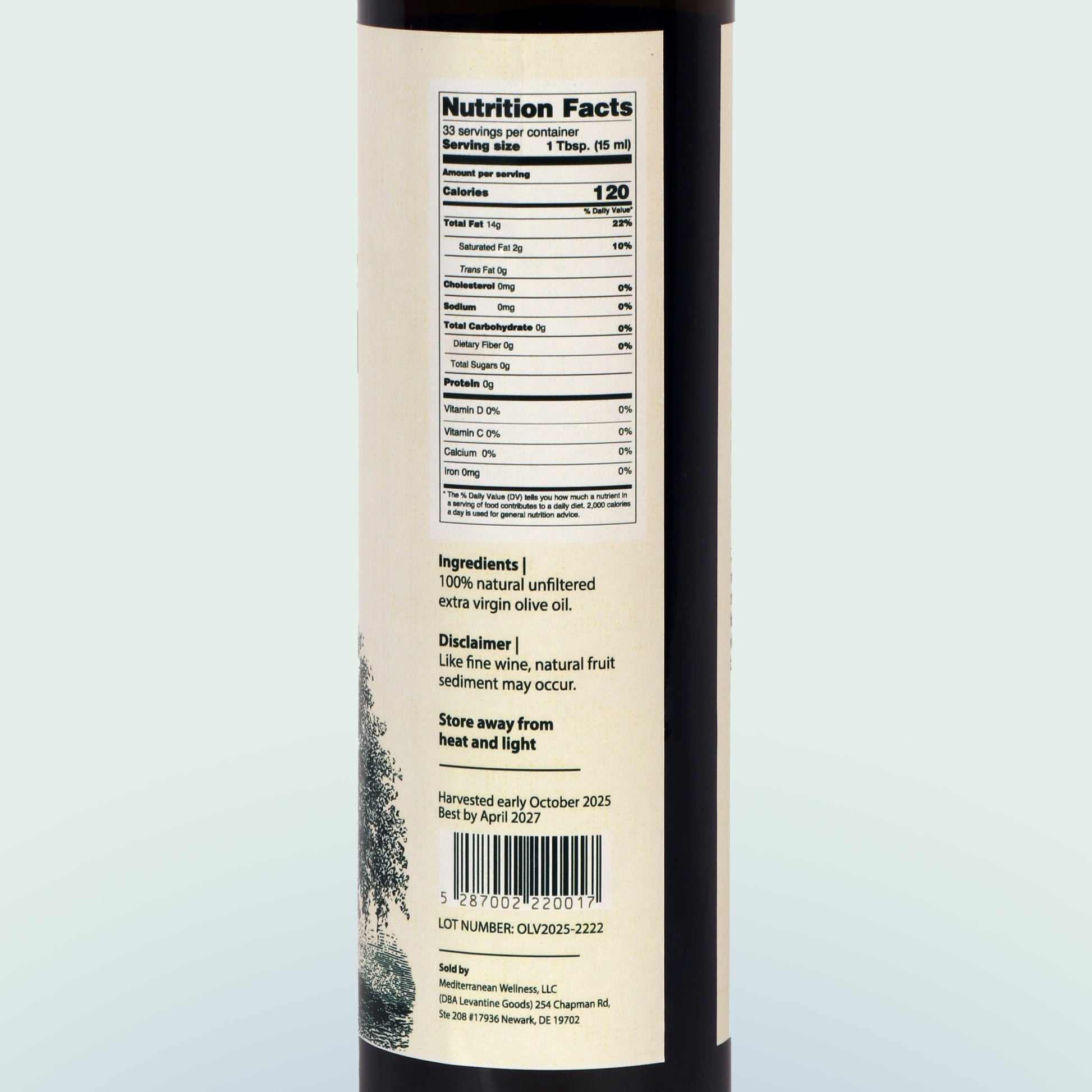 Bottle of olive oil with a nutrition facts label