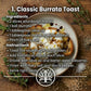 Recipe card for Classic Burrata Toast with ingredients