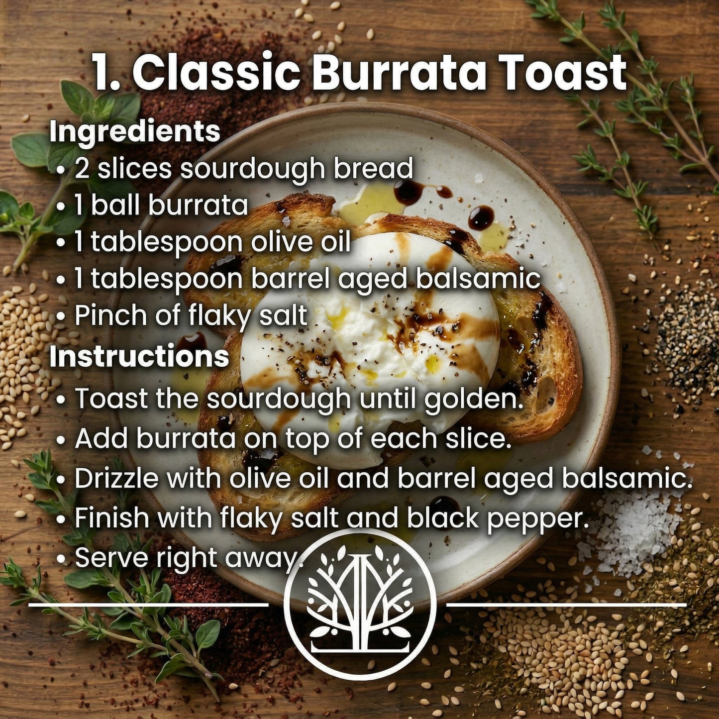 Recipe card for Classic Burrata Toast with ingredients