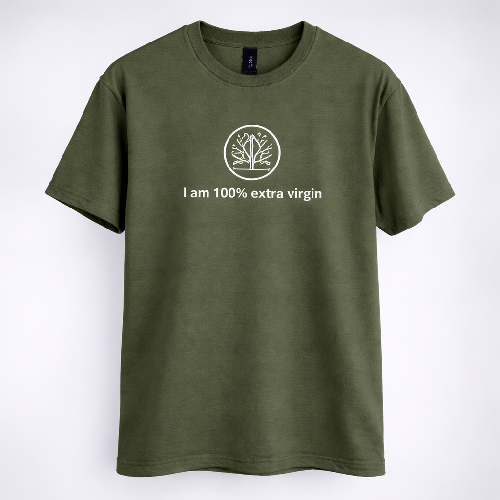 Green t-shirt with a white graphic and text on a white background