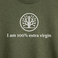 Green t-shirt with white tree logo and text 'I am 100% extra virgin'
