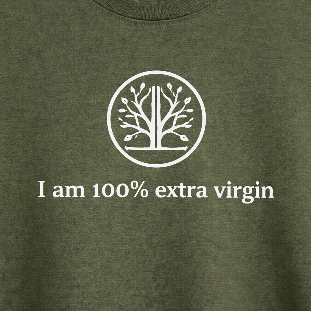 Green t-shirt with white tree logo and text 'I am 100% extra virgin'