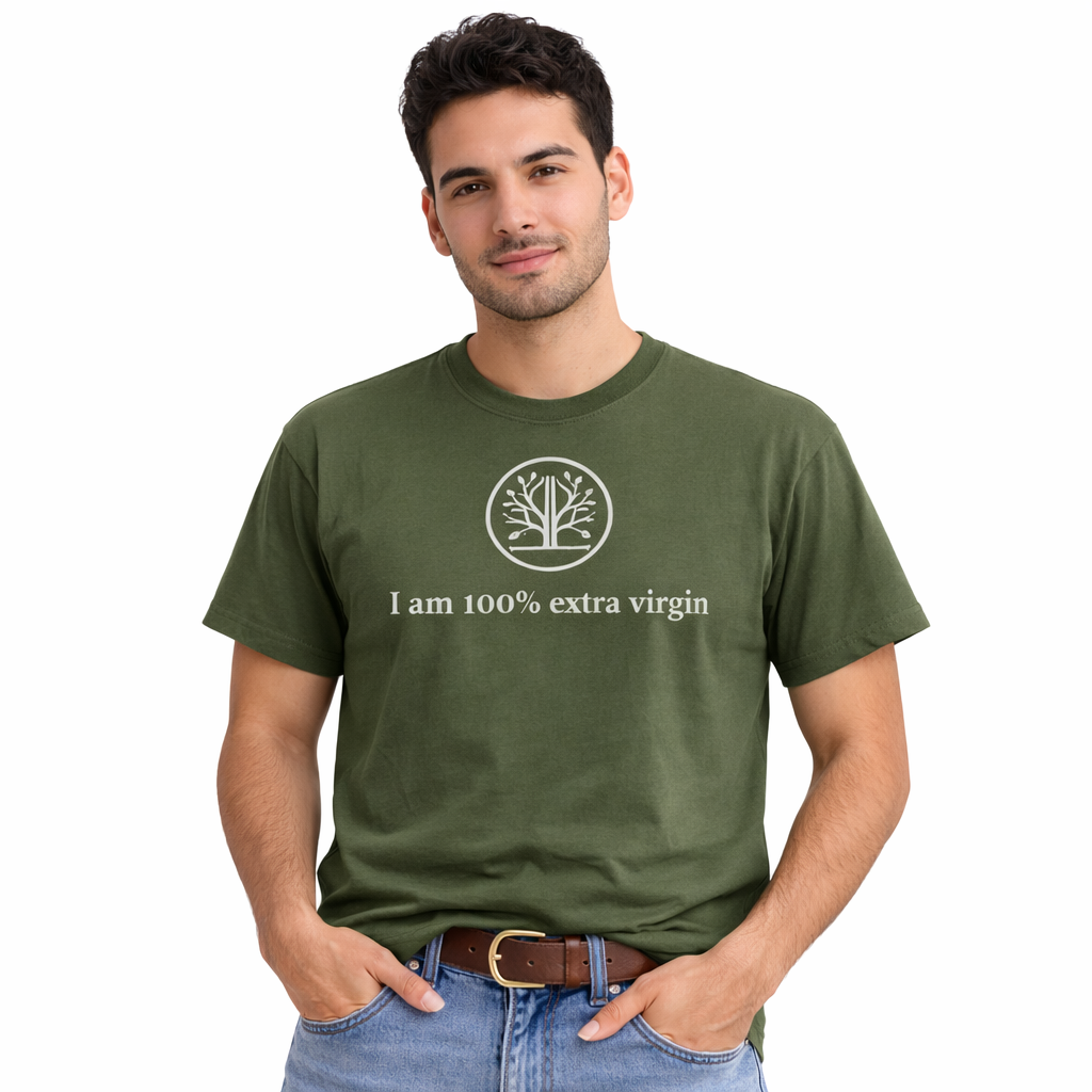 Man wearing a green t-shirt with text and logo