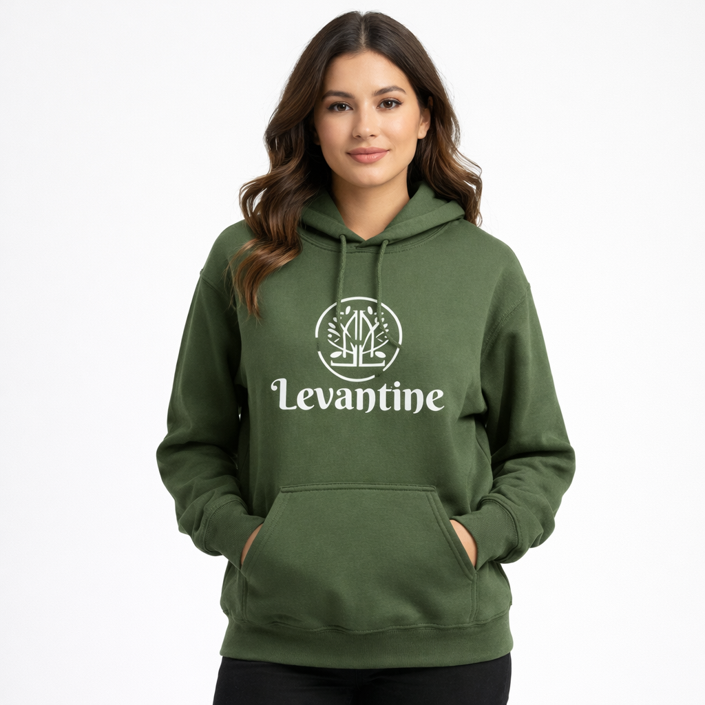 Woman wearing a green hoodie with 'Levantine' logo