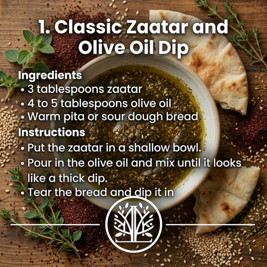 Recipe for Classic Zaatar and Olive Oil Dip with ingredients and instructions