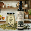 Levantine olive oil bottle and jar of zaatar on a kitchen counter