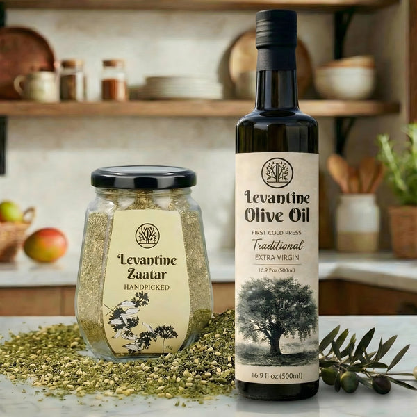 Levantine olive oil bottle and jar of zaatar on a kitchen counter