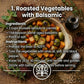 Recipe for roasted vegetables with balsamic on a wooden surface with ingredients