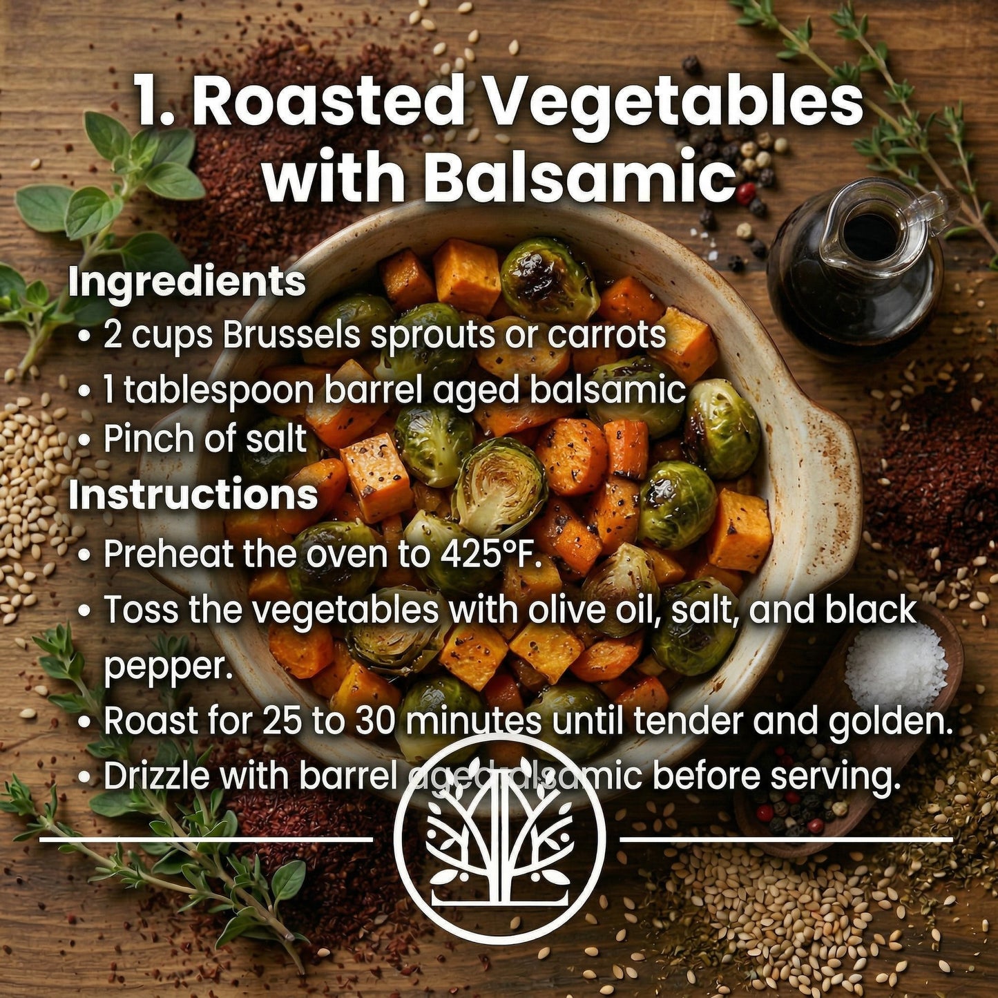 Recipe for roasted vegetables with balsamic on a wooden surface with ingredients