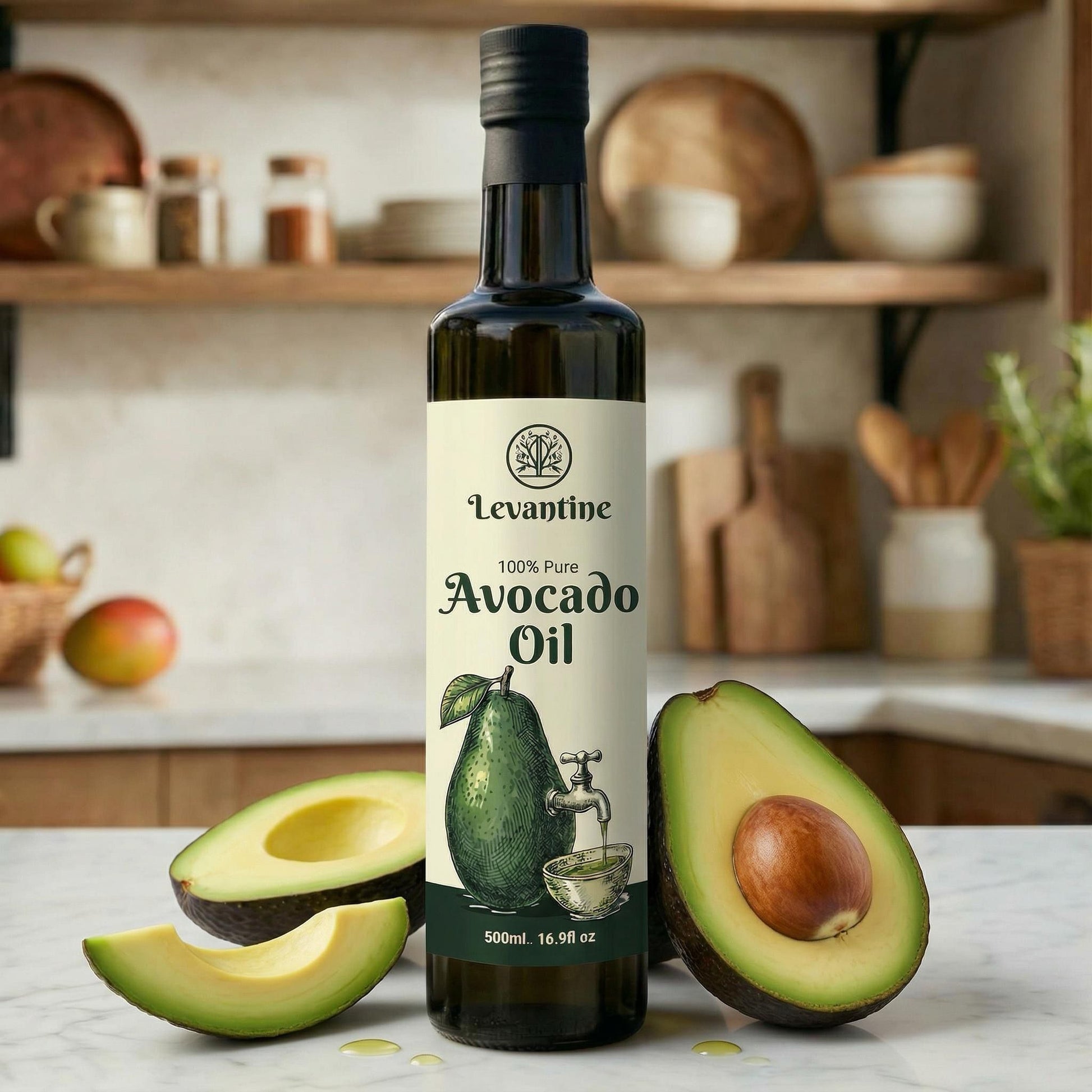 Bottle of Levantine Avocado Oil with avocados on a kitchen counter