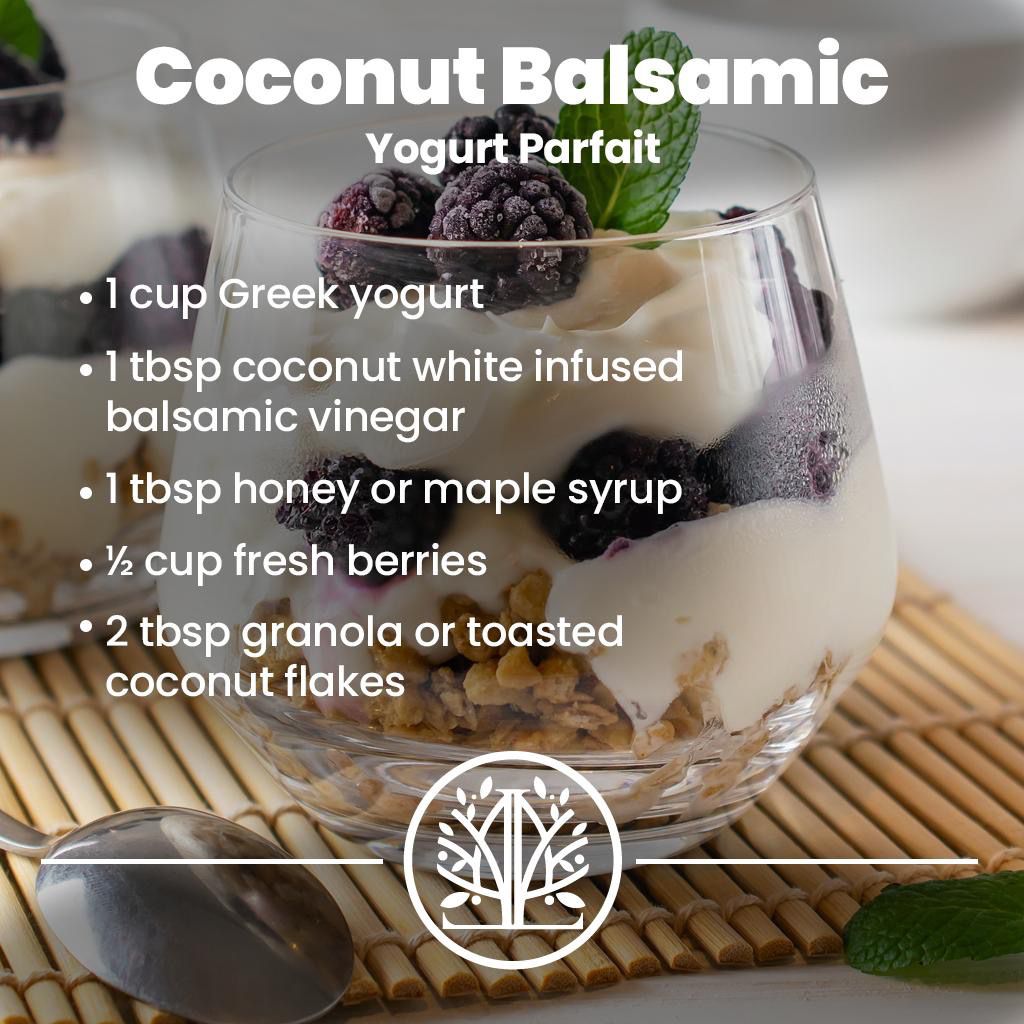 Coconut Balsamic Yogurt Parfait with ingredients listed