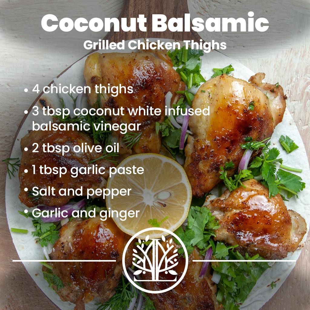 Grilled chicken thighs with coconut balsamic sauce