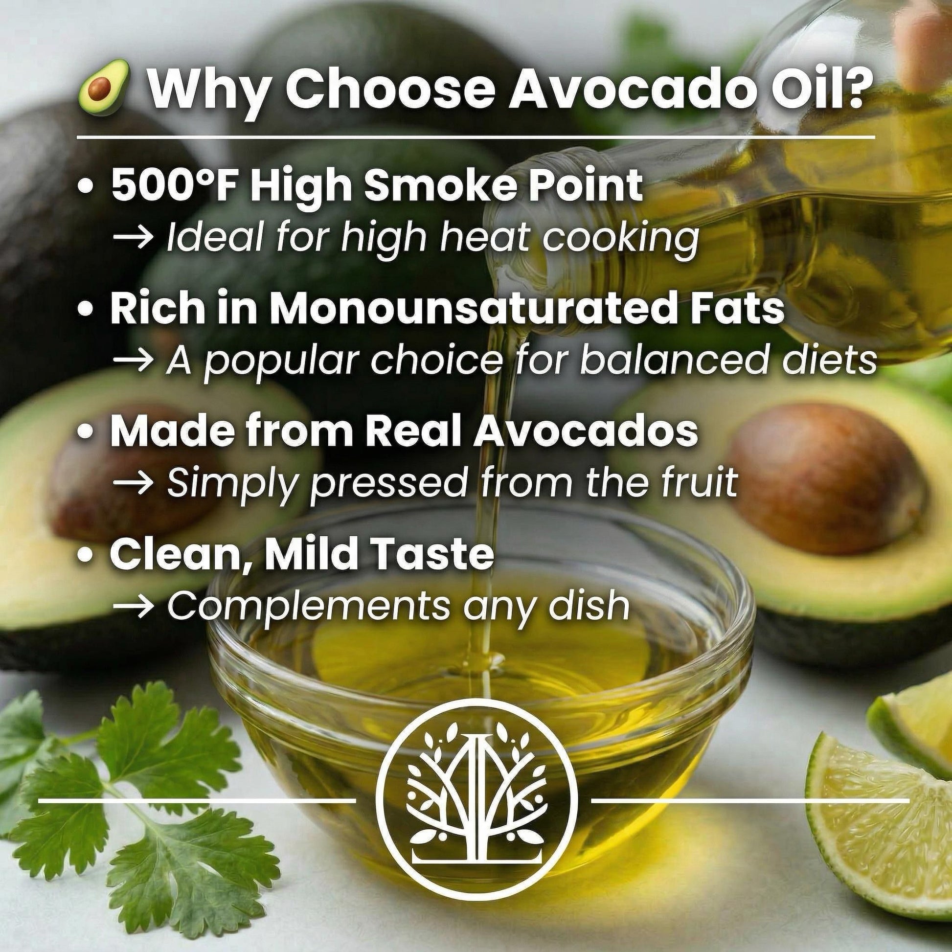 Avocado oil being poured into a bowl with text highlighting benefits of avocado oil.