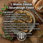 Instructional image for warm zaatar sourdough toast with ingredients