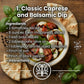 Caprese salad with mozzarella, tomatoes, and basil on a wooden board with ingredients listed.