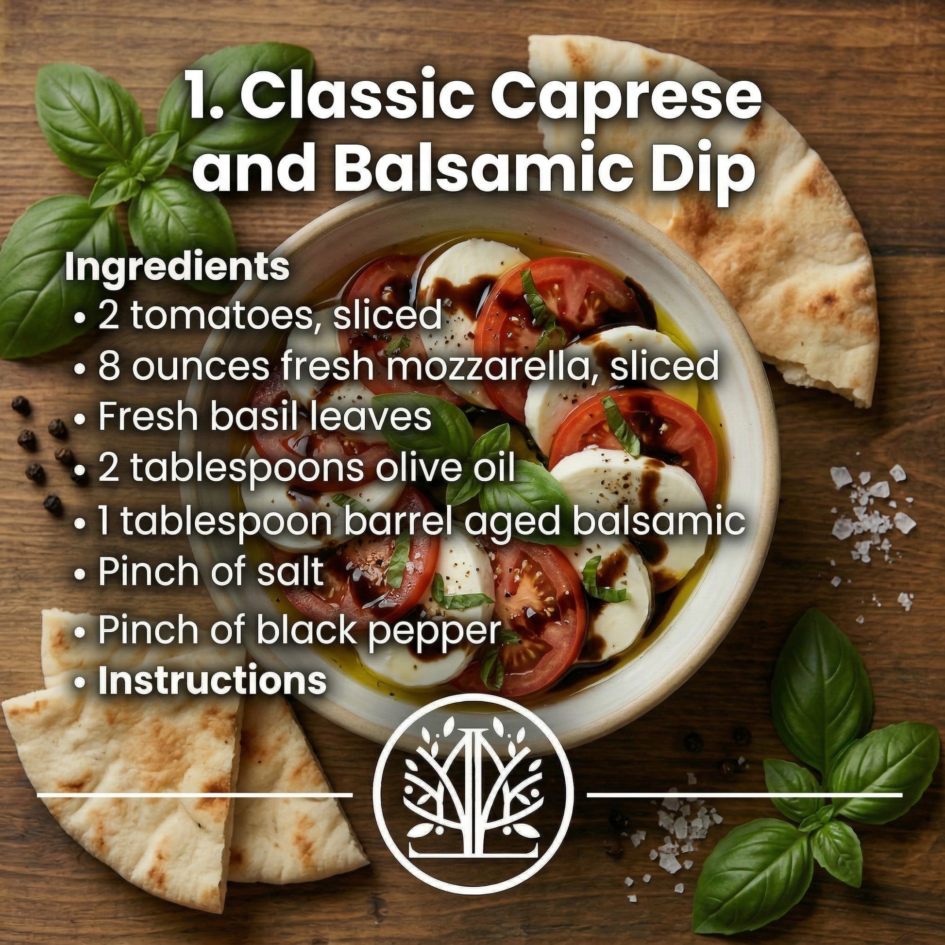 Caprese salad with mozzarella, tomatoes, and basil on a wooden board with ingredients listed.