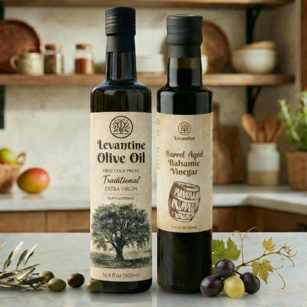 Two bottles of Levantine Olive Oil and Balsamic Vinegar