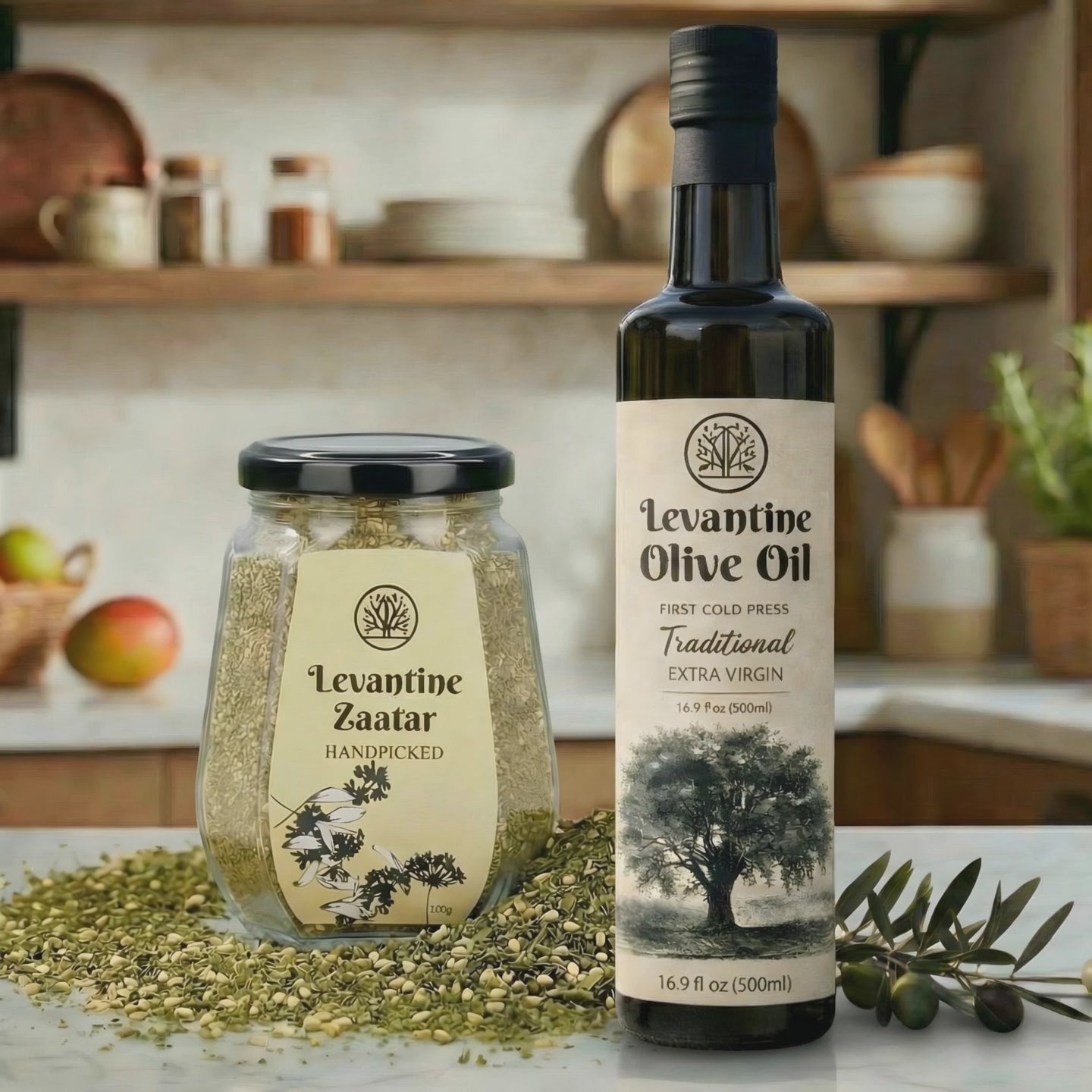 Levantine Olive Oil bottle and jar of Za'atar 